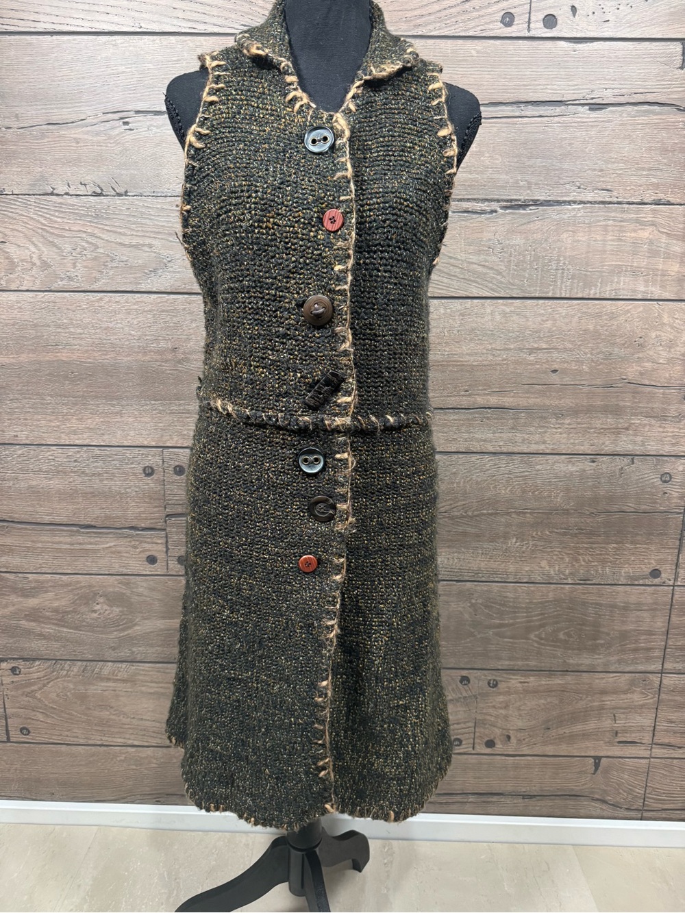 Sleeveless Tweed Midi Dress with Button-Front in Olive Green